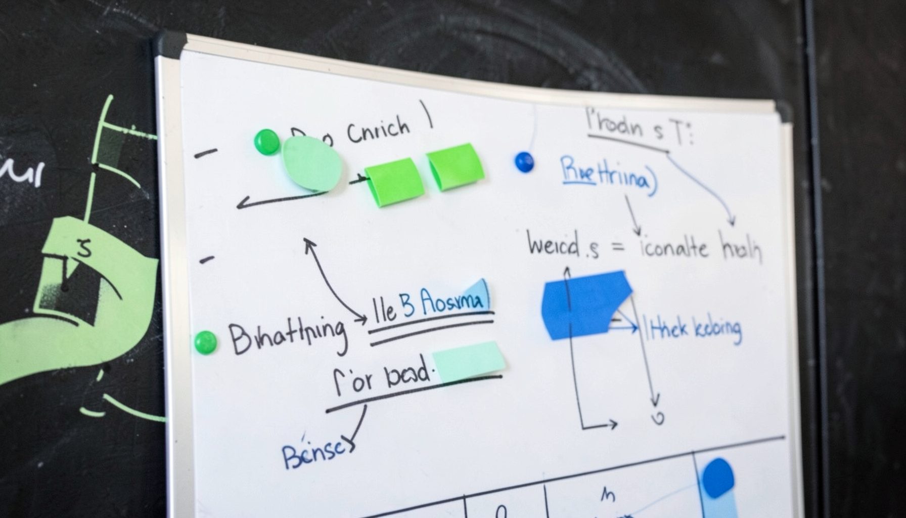 Close-up of a football tactics whiteboard with magnetic markers in green and blue against a dark chalkboard background