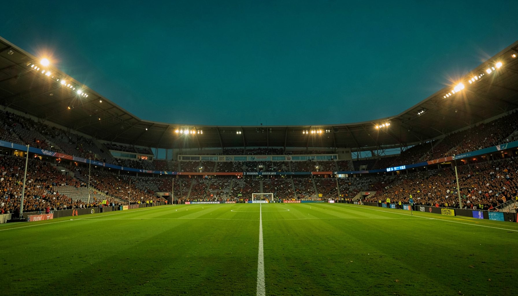 A wide atmospheric shot of a football stadium at dusk with floodlights glowing warmly against a deep teal sky over an empty green pitch
