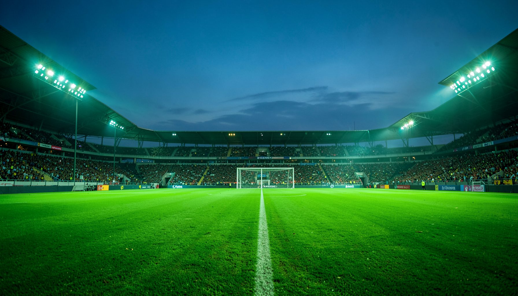 Wide stadium football pitch at dusk with bright green grass and warm teal-toned floodlights glowing softly