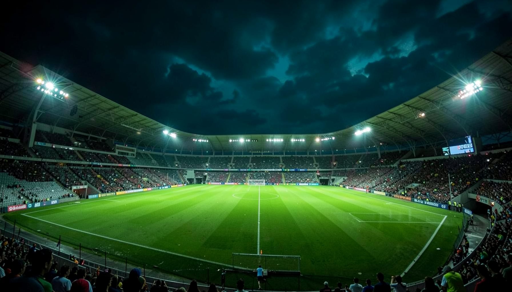 Floodlit football stadium at night with a dramatic sky in deep teal and navy tones and an electric atmosphere