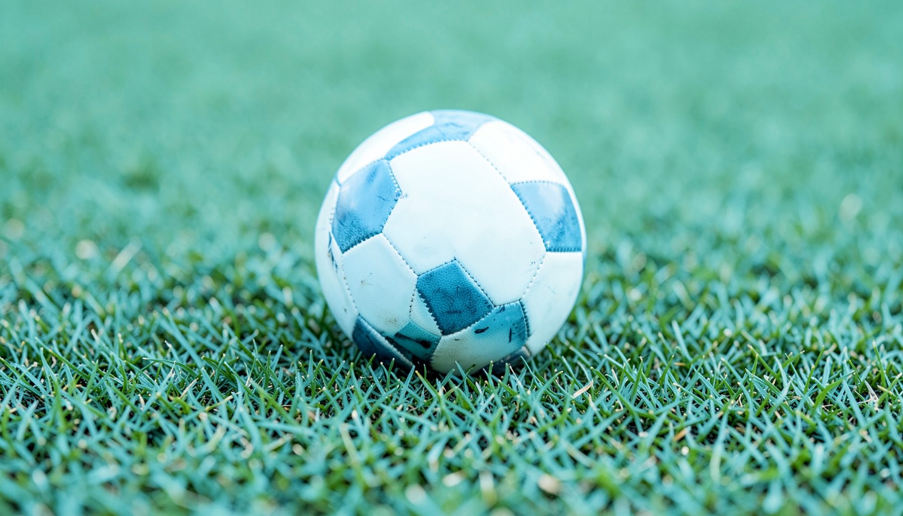 Close view of a football match ball resting on green pitch grass with soft teal and white color grading