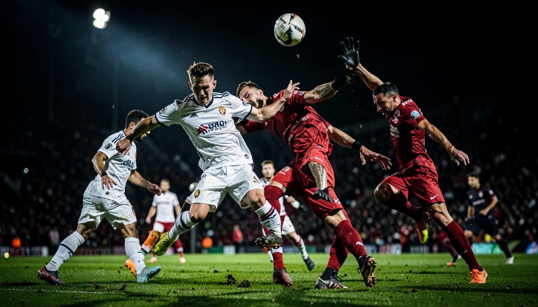 Players in white and red kits contesting a header under stadium lights, dramatic contrast