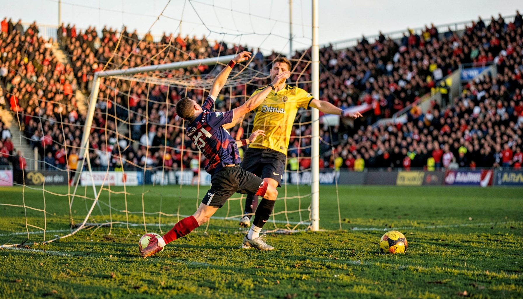 Corner kick being taken with a packed penalty area, warm evening light