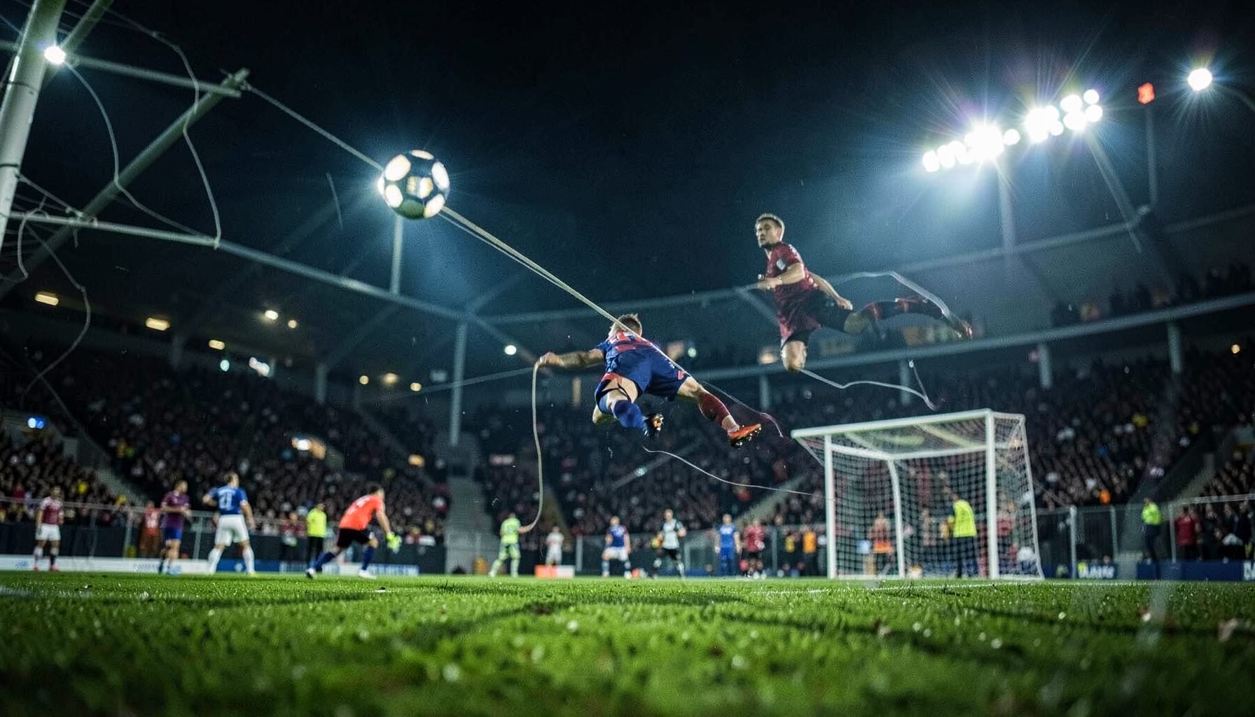 Free kick over a defensive wall, ball arcing toward goal, dramatic stadium lighting