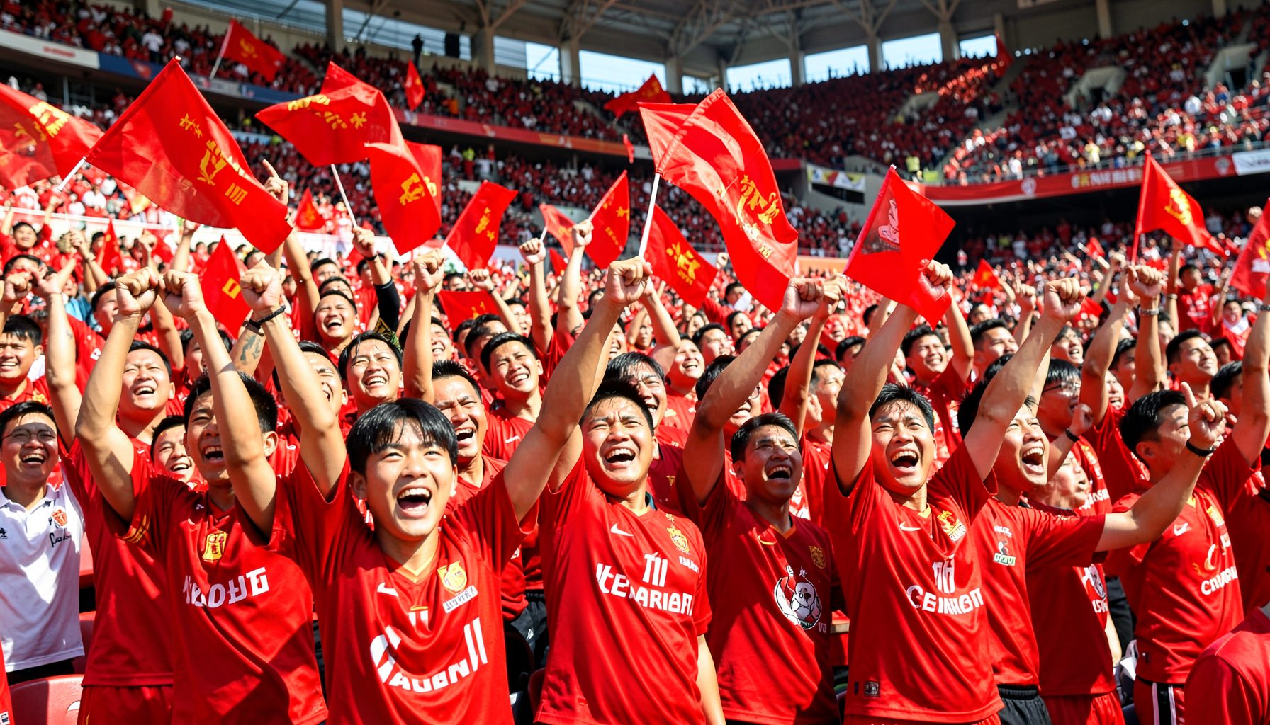 Vietnamese football fans in red cheering passionately in a packed stadium, waving flags under bright afternoon sun